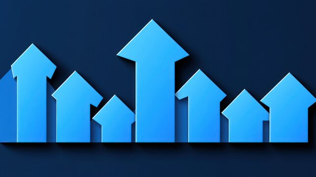 Blue upward arrows, stylized homes, graphic design