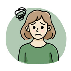 Anxiety, depression, stress, headache. Dizziness, sad and anxious thoughts of woman. Young famale is surrounded by stream of thoughts, chaos in head. Mental disorder.