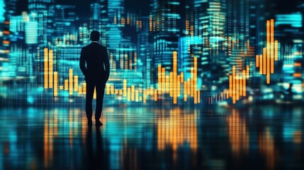 Businessman gazing at futuristic cityscape overlayed with financial data