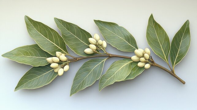 Branch with bay leaves and tiny white flowers - Powered by Adobe