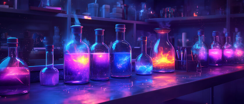 Row of glowing potion bottles in mystical laboratory