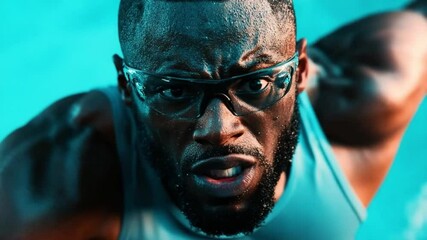 A focused athlete trains in deep blue waters, showcasing power and determination. The early morning light enhances the scene, creating a vibrant atmosphere as water splashes around