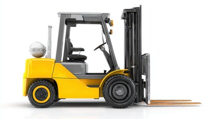 A 4K photo of yellow forklift on a clean white background, ideal for industrial themes.