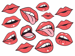 Vibrant Grid of Glossy and Matte Red Lips with Pink Tongue Centerpiece