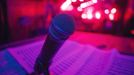 Close-up microphone on music sheets in a vibrant club