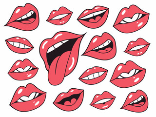 Playful Collection of Red Lips with Unique Expressions and Tongue on White Background