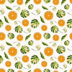Tropical seamless pattern with oranges and tropical leaves. Background with repeating fruits. Vector bright print for fabric or wallpaper.