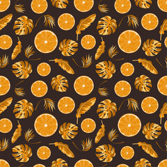 Tropical seamless pattern with oranges and tropical leaves. Background with repeating fruits. Vector bright print for fabric or wallpaper.