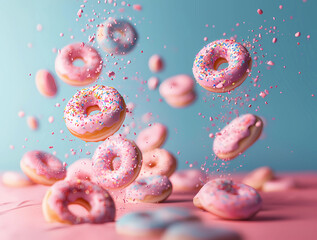 flying pink donuts with sprinkles on pastel background