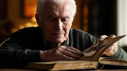 Senior man cherishes memories while flipping through an old photo album at a wooden table in a cozy room