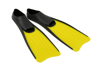 Pair of yellow and black diving flippers isolated on transparent background, ready for underwater exploration