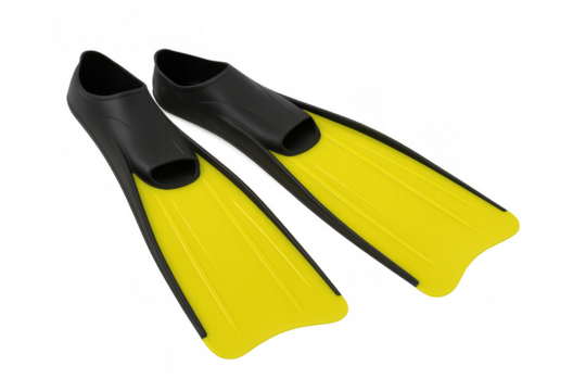 Pair of yellow and black diving flippers isolated on transparent background, ready for underwater exploration