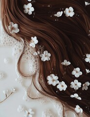 photograph of brown hair with white flowers, floating in foam on the side, on a clean and bright white background