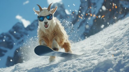 Goat snowboarding in the mountains (1)