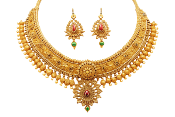Elegant gold necklace set with red and green gemstones