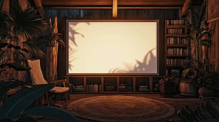 Empty framed canvas in a tropical indoor room.
