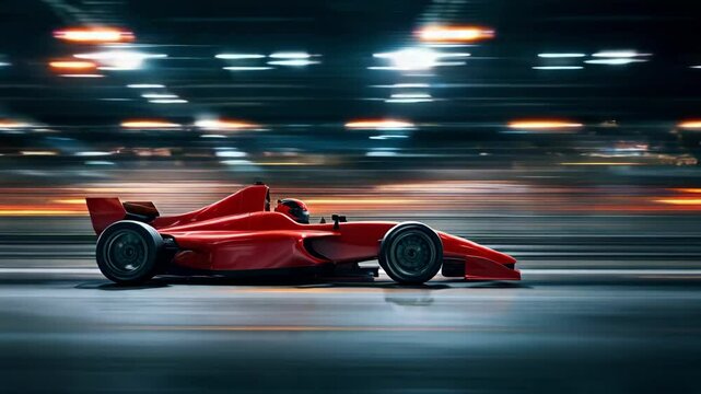 Highspeed red race car blurs through motion in night cityscape
