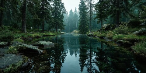 Obraz premium Tranquil forest retreat with a serene lake reflecting towering trees in early morning mist