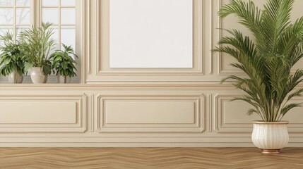 Beige interior room with decorative wall paneling.