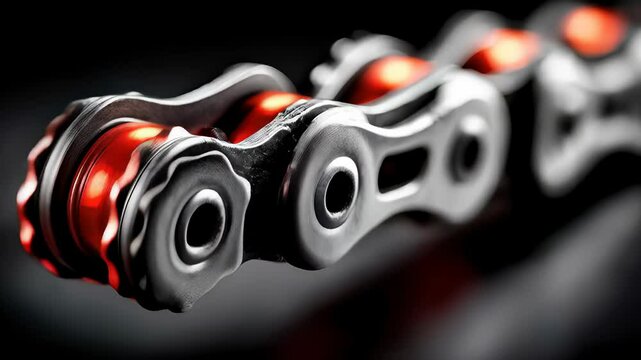 Close-up of a High-Performance Bicycle Chain with Red Lubricant