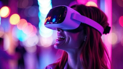 Young woman wearing VR goggles, virtual reality experience, futuristic city - Powered by Adobe