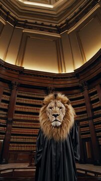 Lion en robe de juge dans une biblioth&egrave;que juridique classique, sc&egrave;ne solennelle et surr&eacute;aliste

