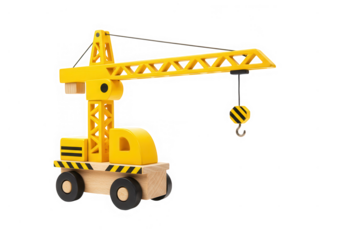 Yellow toy crane construction vehicle isolated on transparent background