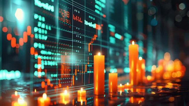 Financial data display with candle lights, stock market analysis, trading concept, economic forecast, investment strategy, business visualization