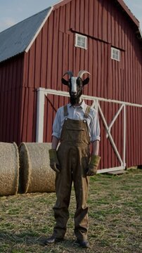 Ch&egrave;vre anthropomorphe en tenue de fermier devant une grange rouge, sc&egrave;ne rurale d&eacute;cal&eacute;e

