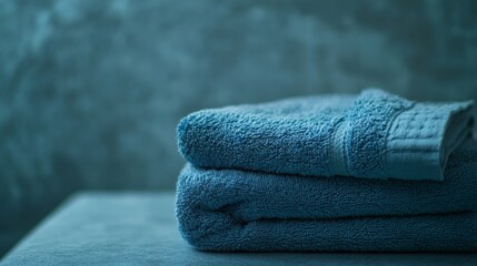 Soft blue towels on table against subtle grey background
