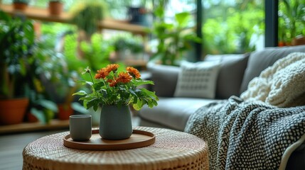 Fototapeta premium Cozy living room with plants and flowers
