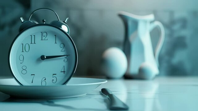 Alarm clock on a plate with cutlery, conceptual time to eat image