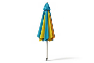 Vibrant blue-yellow folding umbrella standing on transparent backdrop, offering clean graphic design element for creative layouts