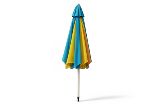Vibrant blue-yellow folding umbrella standing on transparent backdrop, offering clean graphic design element for creative layouts