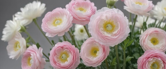 Obraz premium Delicate pink & white ranunculus blossoms, close-up , ranunculus, white