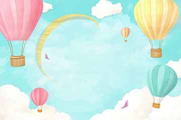 Naklejka premium Colorful hot air balloons floating in a peaceful sky background with soft clouds and golden spiral for preschool activities