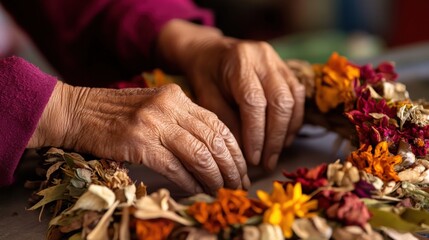 Elderly hands meticulously arrange a dried flower wreath.