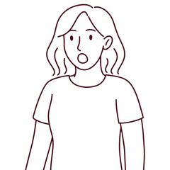 Black and white outline of a surprised woman with open mouth and wide eyes, expressing a shocked reaction. Ideal for minimalistic concepts or line-based illustration needs