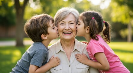 Fototapeta premium Grandmother's Love: A Shower of Kisses from Her Grandchildren