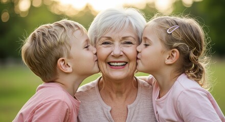 Grandmother's Love: A Shower of Kisses from Her Grandchildren