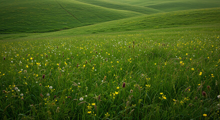 green field with flowers and grass. Field