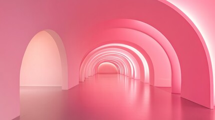 Obraz premium Pink arched tunnel with glowing light at the end.