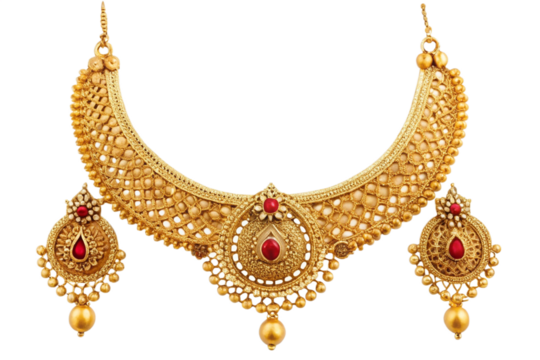 Traditional gold necklace set with red gemstones