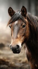 Close-up of a brown horse standing peacefully in a misty landscape at dawn