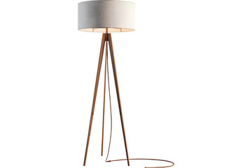 A floor lamp with a white lampshade and a wooden tripod base stands in a dark background studio