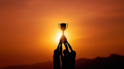Silhouettes of a triumphant team lifting a trophy together under a glowing golden sunset—unity, victory, and glory captured in one powerful moment.