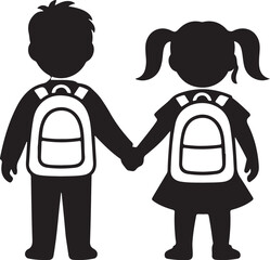 Silhouette of Boy and Girl Holding Hands with Backpacks