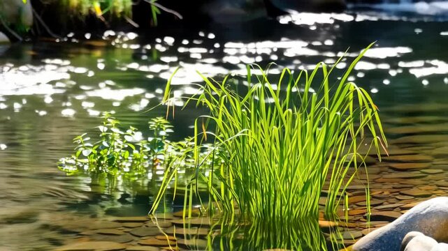 Bright green grass patch emerging from the clear shallow water of a tranquil stream with river rocks and sparkling sunshine reflecting on the surface.
