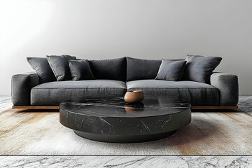 Gray sofa with pillows, a black marble table, sitting on a light patterned rug in front of a white wall