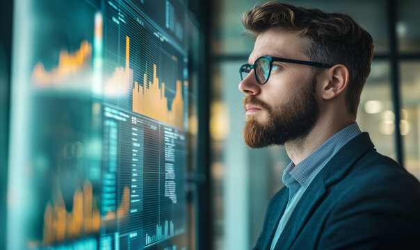 A focused man analyzes data on a digital screen, showcasing a modern work environment with vibrant graphs and statistics.